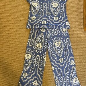 Cornflower Blue and White Linen  2 piece top and pants set